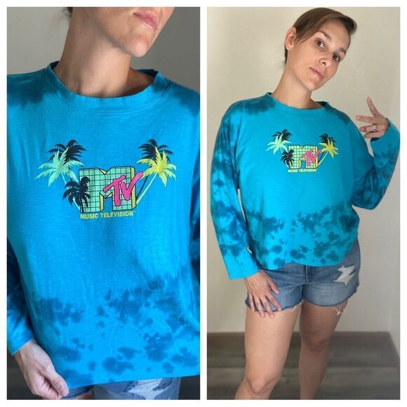 MTV Boxy Crop Top Blue Tie Dye Long Sleeve Plus XXL - Picture 6 of 11